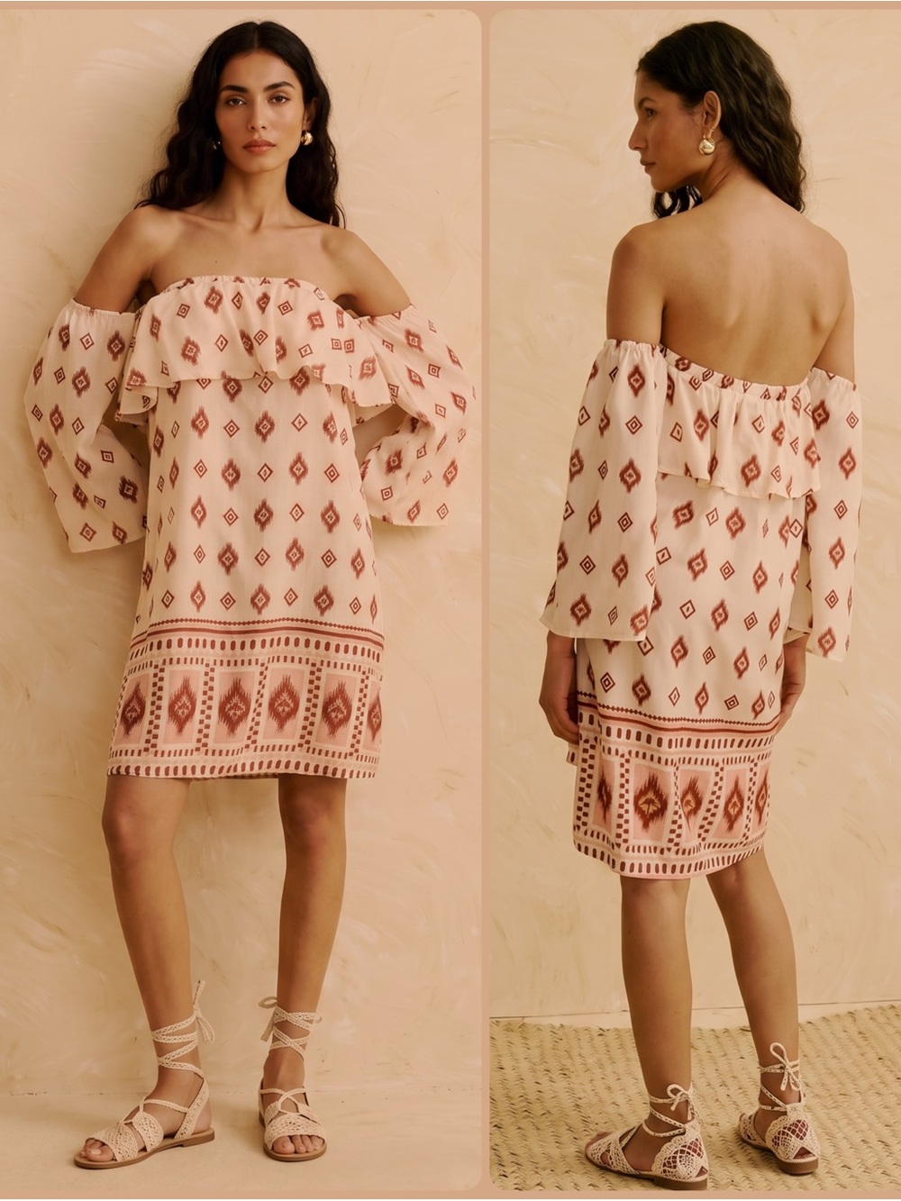 CaCay Viscose Off-Shoulder Removable Sleeves Printed Resort Mini Dress NWT $379
